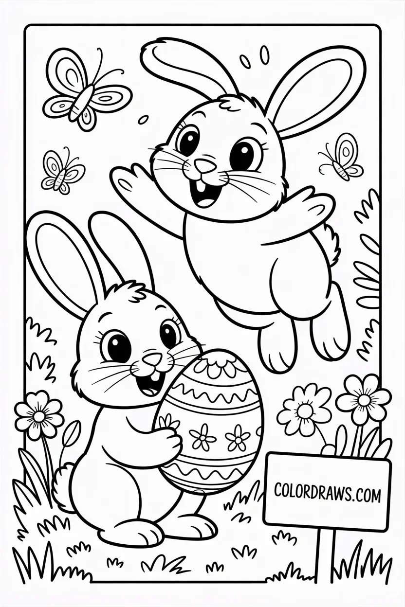 Free 55 Easter Coloring Pages Printable 2026 Colordraws Two Adorable Bunnies Celebrating Spring With Easter Egg In Flowering Grassy Area Coloring Page.webp